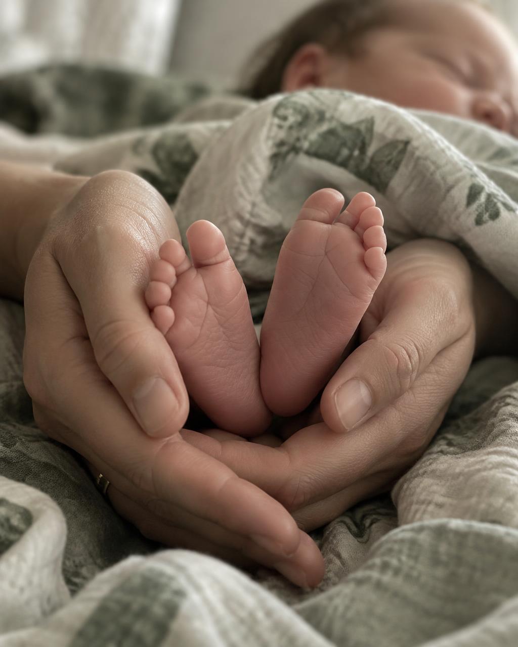 A mother cradling her sleeping newborn's tiny feet in her hands